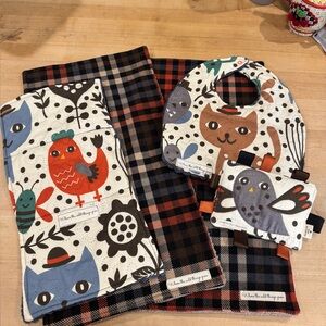 Handmade Baby Bundle - baby bib & 3 burp cloths & 1 sensory toy. All hand made.
